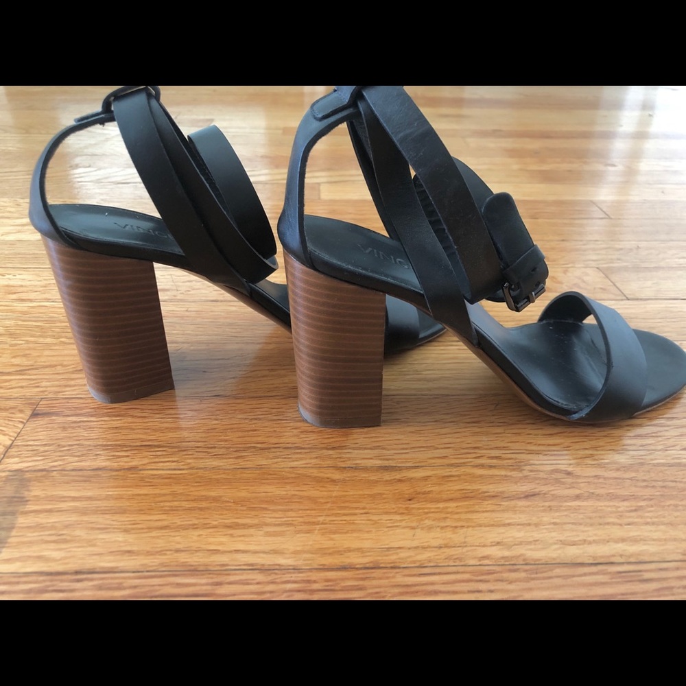 Vince. Black Leather and Wood Stacked Heels